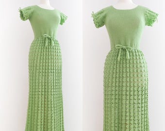 Abito lungo trasparente verde menta all'uncinetto vintage anni '70 • S