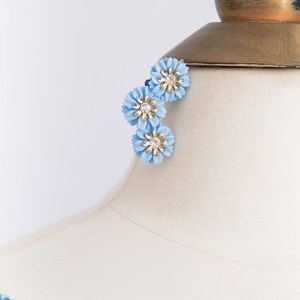 Vintage Mid-Century Blue Floral Sparkling Rhinestone Clip-On Ear Climber Earrings image 3
