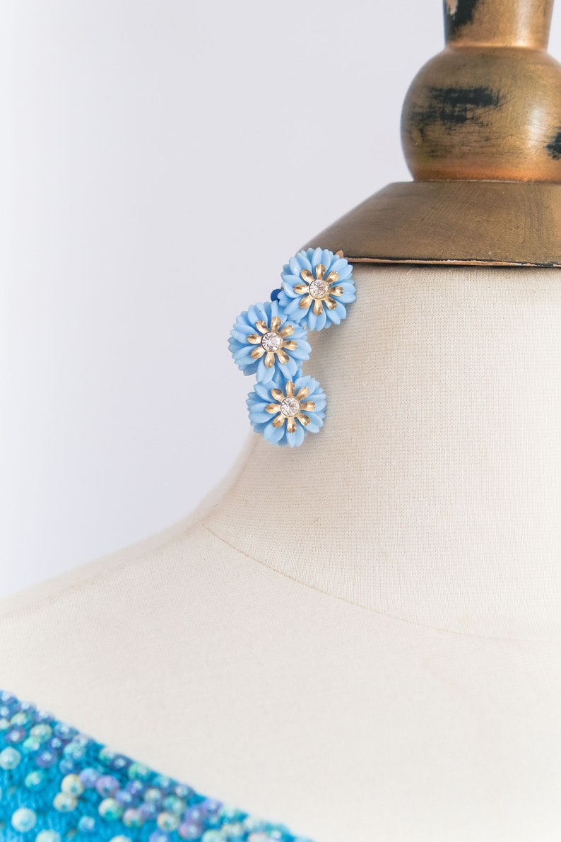 Vintage Mid-Century Blue Floral Sparkling Rhinestone Clip-On Ear Climber Earrings image 3