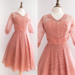 Vintage 1950s Blush Pink Lace Tea-Length Fit-n-Flare Gown // 50s Cocktail Dress • M