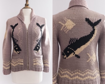 Vintage RARE 1950’s Mary Maxim “Angler’s Pride” Cowichan // Knit Wool Cardigan • XS/S