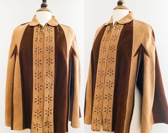 Vintage 1960’s Mexican Floral Leather Cape Poncho • S/M/L