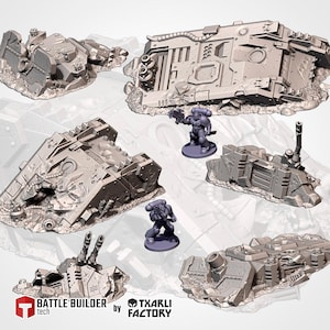 May include: A collection of gray, miniature, war-themed terrain pieces, including damaged tanks and structures. Two miniature figures are also present. The Battle Builder Tech and Txarli Factory logos are visible.