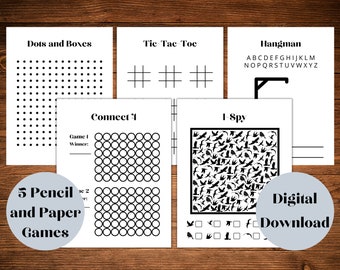 Juegos clásicos de lápiz y papel, páginas de actividades imprimibles, puntos y cajas, Tic-Tac-Toe, Hangman, Connect Four y I-Spy