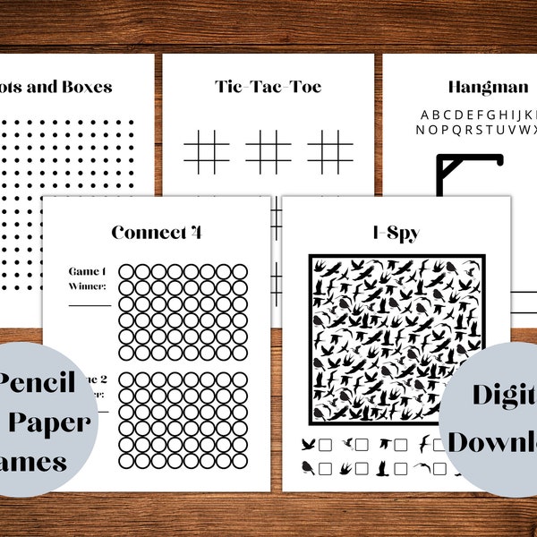 Classic Pencil and Paper Games, Printable Activity Pages, Dots and Boxes, Tic-Tac-Toe, Hangman, Connect Four, and I-Spy