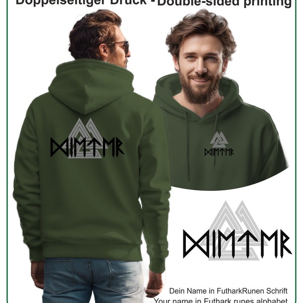 Jouw naam in Futhark runen hoodie, Viking hoodie, Nordic hoodie, Nordic runen Valknut-op maat bedrukte hoodie
