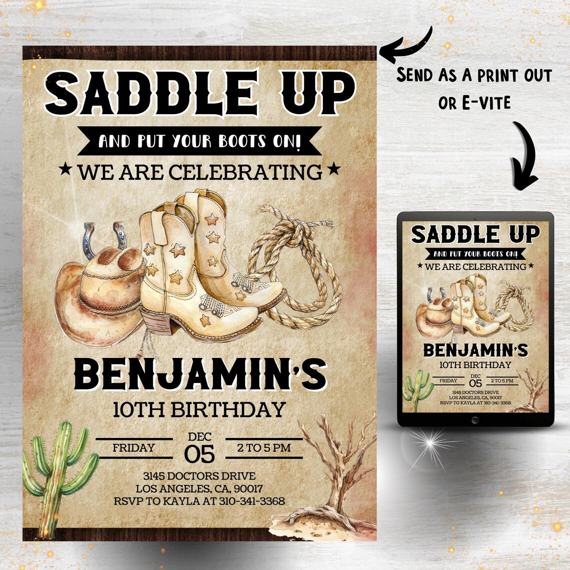 Editable Cowboy Birthday Invitation: Rustic First Rodeo, Canva Template ...