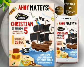 May include: Ahoy Mateys! Pirate themed birthday party invitation with a cartoon pirate ship, treasure chest, and compass. The invitation says "Captain Christian is turning 5. Join us for the parrrty! Saturday 23 Dec. 1:30pm to 5pm Jump Jump Place 1234 Party Street RSVP by September 12th"
