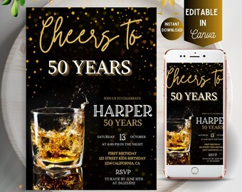 Invitación editable para 50 cumpleaños: Plantilla de Canva (Descarga digital)
