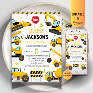 Bewerkbare moderne bouw verjaardagsuitnodiging, dump trucks partij uitnodigen sjabloon, Digger feestvarken, graafmachine, Instant Download, Canva