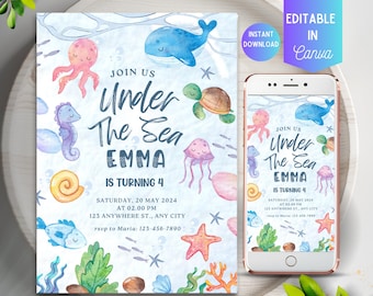 Editable Under The Sea Birthday Invitation: Canva Template (Digital Download)