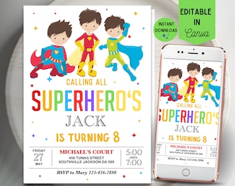 Plantilla de invitación de cumpleaños de superhéroe: Invitación editable para fiesta infantil (Descarga digital)
