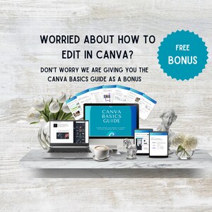 Puede incluir: Una imagen de marketing digital que promociona una gu&iacute;a gratuita de Canva Basics. La imagen presenta una computadora port&aacute;til, una tableta y un tel&eacute;fono inteligente que muestran la interfaz de Canva. El texto "WORRIED ABOUT HOW TO EDIT IN CANVA? DON'T WORRY WE ARE GIVING YOU THE CANVA BASICS GUIDE AS A BONUS" se muestra en letras grandes y negritas en la parte superior de la imagen. Un c&iacute;rculo azul con el texto "FREE BONUS" est&aacute; en la esquina superior derecha de la imagen.