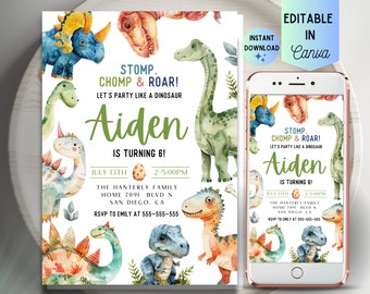 Plantilla editable de invitación de cumpleaños de dinosaurio: imprimible en Canva (descarga digital)