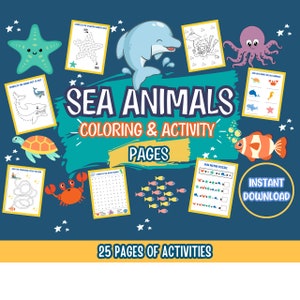 Activiteitspagina&#39;s zeedieren: kleurplaten en spelletjes voor kinderen (digitale download)
