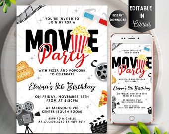Invitación editable para fiesta de cumpleaños de noche de cine (descarga instantánea)