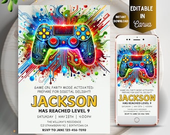 ネオンゲーマー誕生日招待状：レベルアップパーティー、編集可能なテンプレート（デジタルダウンロード）