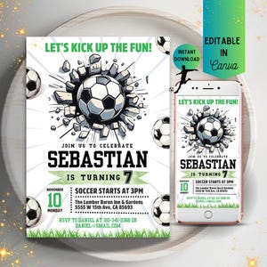Convite de futebol editável, convites de festa de aniversário para impressão, jogo de futebol, convite para meninos, modelo digital editável, convite de futebol