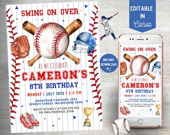 Invitación de cumpleaños de béisbol editable: Fiesta deportiva (Descarga digital)
