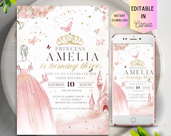 Editable Princess Birthday Invitation: Pink & Gold (Digital Download)