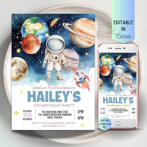 Puede incluir: Plantilla de invitación editable para una fiesta de cumpleaños de 6 años con temática espacial. La invitación presenta una ilustración de acuarela de un astronauta en el espacio con planetas y estrellas. El texto de la invitación dice "Únete a nosotros para celebrar el 6º cumpleaños de Hailey".