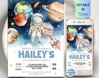 Op de afbeelding: Bewerkbare uitnodigingstemplate voor een 6e verjaardagsfeest met een ruimtethema. De uitnodiging bevat een aquarel-illustratie van een astronaut in de ruimte met planeten en sterren. De tekst op de uitnodiging luidt "Doe mee met het vieren van Haileys 6e verjaardag".