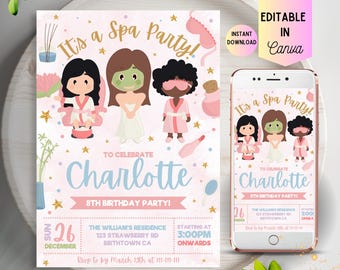 May include: Pink and gold spa party invitation with a cartoon illustration of three girls wearing spa robes and face masks. The invitation includes the text "It's a Spa Party!" and "To Celebrate Charlotte 8th Birthday Party!" with the date, time, and location of the party.