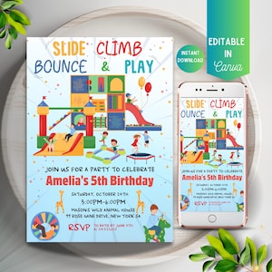 以下が含まれることがあります： 5歳の子供の誕生日パーティーのカラフルな招待状。招待状には、滑り台、クライミングウォール、トランポリン、トランポリンのある遊園地の漫画のイラストが描かれています。招待状のテキストには、「Slide Climb Bounce & Play」と「Amelia's 5th Birthday」と書かれています。