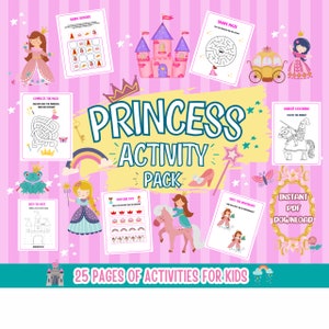 Páginas de actividades de princesas, Juegos de fiesta de princesas imprimibles, Páginas para colorear de princesas, Paquete de actividades de favores de fiesta, Descarga instantánea, PDF