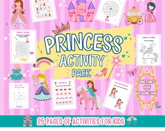Peut inclure: Un pack d'activités imprimables pour enfants sur le thème de la princesse. Le pack comprend 25 pages d'activités telles que des labyrinthes, des points à relier, des puzzles de formes et des pages à colorier. Les activités sont conçues pour aider les enfants à développer leur motricité fine, leurs capacités de résolution de problèmes et leur créativité.