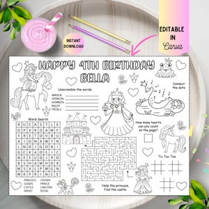 Personalized Princess Birthday Placemat: Kids Coloring Activity (Digital Download)