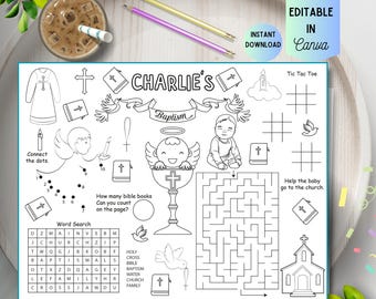 May include: A black and white baptism activity placemat with the text "Charlie's Baptism". Includes connect-the-dots, word search, maze, and tic-tac-toe games. Features illustrations of a church, baby, cross, and dove. Includes pencils and a drink.