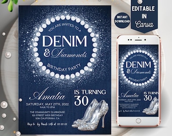 Invitación de cumpleaños con diseño de mezclilla y diamantes: Plantilla para fiesta glamurosa (Descarga digital)