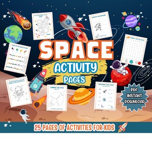 May include: A set of 25 printable space-themed activity pages for kids. The pages feature a variety of activities, including connect the dots, mazes, word searches, and more. The pages are designed to be fun and educational, and they are perfect for keeping kids entertained and engaged.
