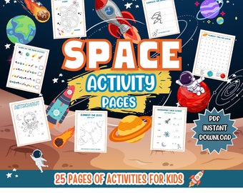 May include: A set of 25 printable space-themed activity pages for kids. The pages feature a variety of activities, including connect the dots, mazes, word searches, and more. The pages are designed to be fun and educational, and they are perfect for keeping kids entertained and engaged.
