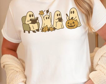 Söt mysig spöken unisex-tröja | Höst Halloween-spöken med böcker, löv, kaffe och pumpor | Läsande spöke-tröja