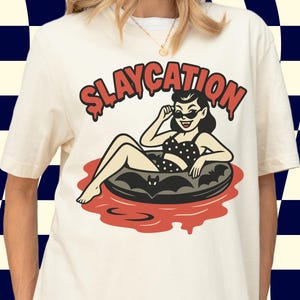 Slaycation Summerween Vampire Unisex T-Shirt, Retro Vampire Vacation, Bat Pool Floatie Shirt, Spooky Summer T-Shirt,