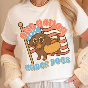 One Nation Under Dogs Funny 4th of July T-shirt, Dog Lover Tee, Dachshund Shirt, Cartoon Style Patriotic Shirt, Unisex Tee