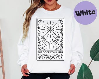 Sweat-shirt carte de tarot conjurateur de code, cadeau de programmeur, col rond de code, pull de développeur, ingénieur logiciel, code magique,