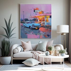 Retro Diner Wall Art Print - Vintage Car Painting - Neon Sunset 50s Drive In Decor