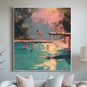 Puede incluir: Pintura al óleo de una escena de piscina con figuras buceando y nadando. La obra de arte presenta una paleta de colores vibrantes de azules, rosas y amarillos, capturando un día de verano. Una persona está en el aire, zambulléndose en el agua turquesa.