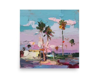 Palme bei Sonnenuntergang Wandkunst - Pastell Küstenlandschaft Druck - Tropisches Retro Dekor