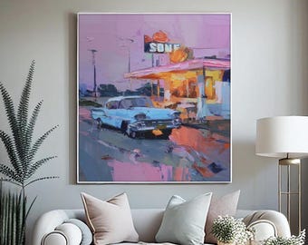 Stampa artistica da parete in stile retrò per diner - Dipinto di un'auto d'epoca - Decorazione per drive-in anni '50 con tramonto al neon