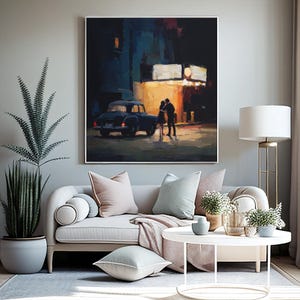 Romantic Vintage Date Night – Retro Couple & Classic Car Oil Painting Print