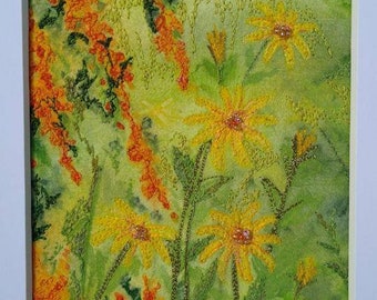 Berberis and daisies original artwork. Watercolour on fabric with freehand embroidery