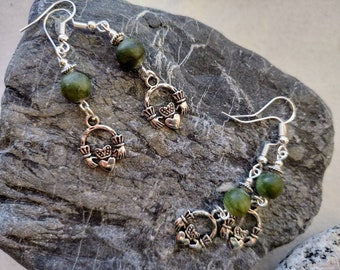 Handmade Green Jade Claddagh charm earrings. Gorgeous Irish style gift idea available with a choice of fittings.