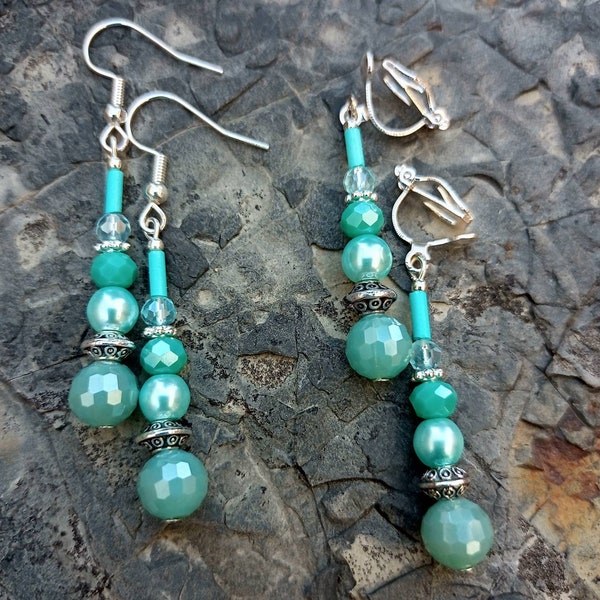 Seafoam splash handmade beaded earrings, available with silver plated earwires, silver plated earclips or sterling silver earwires.