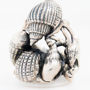 May include: A silver ring featuring a cluster of detailed seashells. The ring showcases various shell shapes and textures, creating a unique, ocean-inspired design. The ring is set against a bright white background.