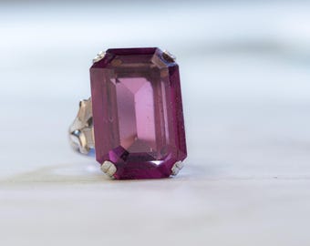 Vintage Sterling Silver Ring, Synthetic Amethyst Emerald-Cut Size 7