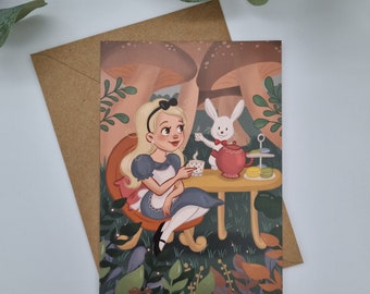 Alice nel Paese delle Meraviglie mentre beve una cartolina con il tè